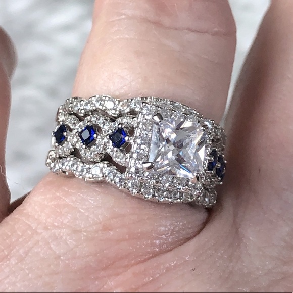 New! Princess Cut & Sapphire 3 ring 3A 6mm cz Sterling Silver Engagement Ring! - Picture 4 of 17